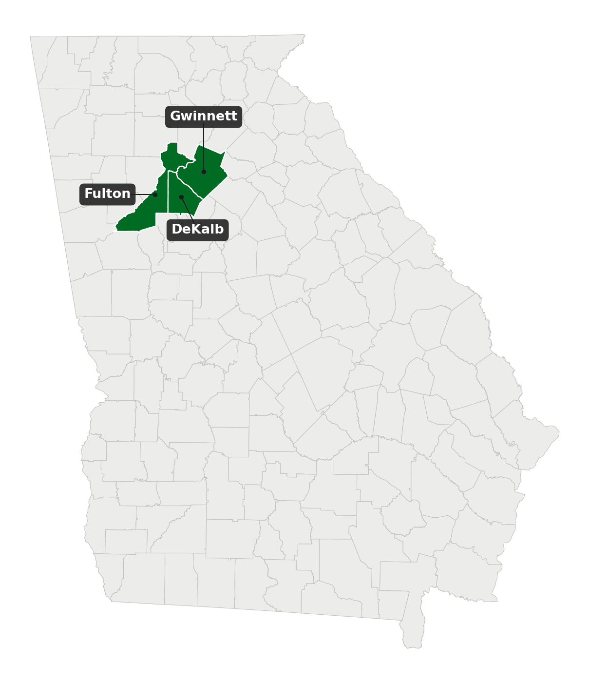 Map of Georgia with Fulton, DeKalb, and Gwinnett counties shaded green.