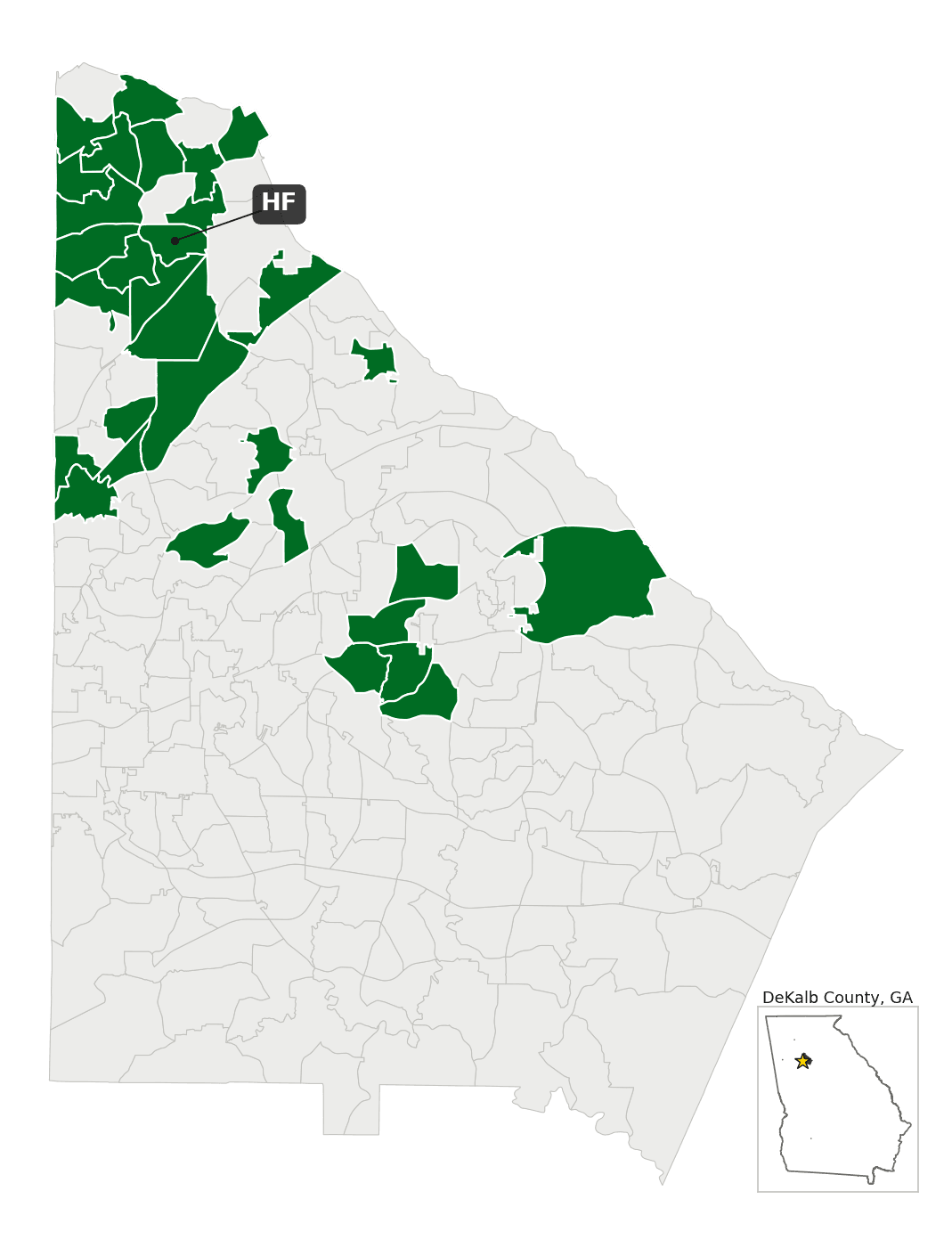 Map of DeKalb County with precinct HF labeled.