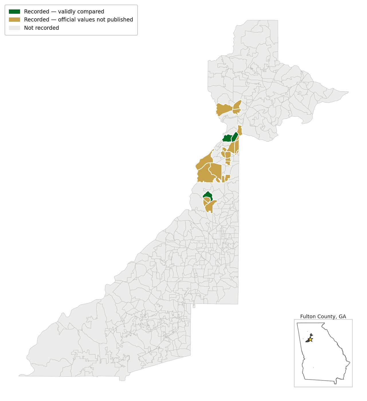 Map of Fulton County, GA, showing comparison status per precinct: compared, recorded but unpublished, or not recorded.