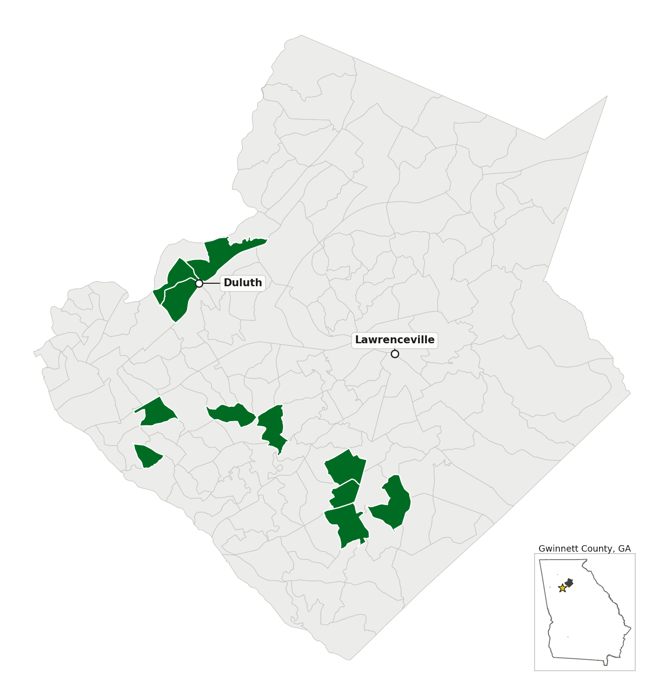 Map of Gwinnett County, GA, with the precincts covered by transcribable election-day tapes shaded green.