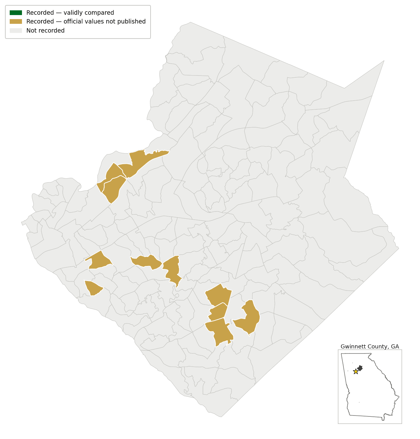 Map of Gwinnett County, GA, showing comparison status per precinct: compared, recorded but unpublished, or not recorded.