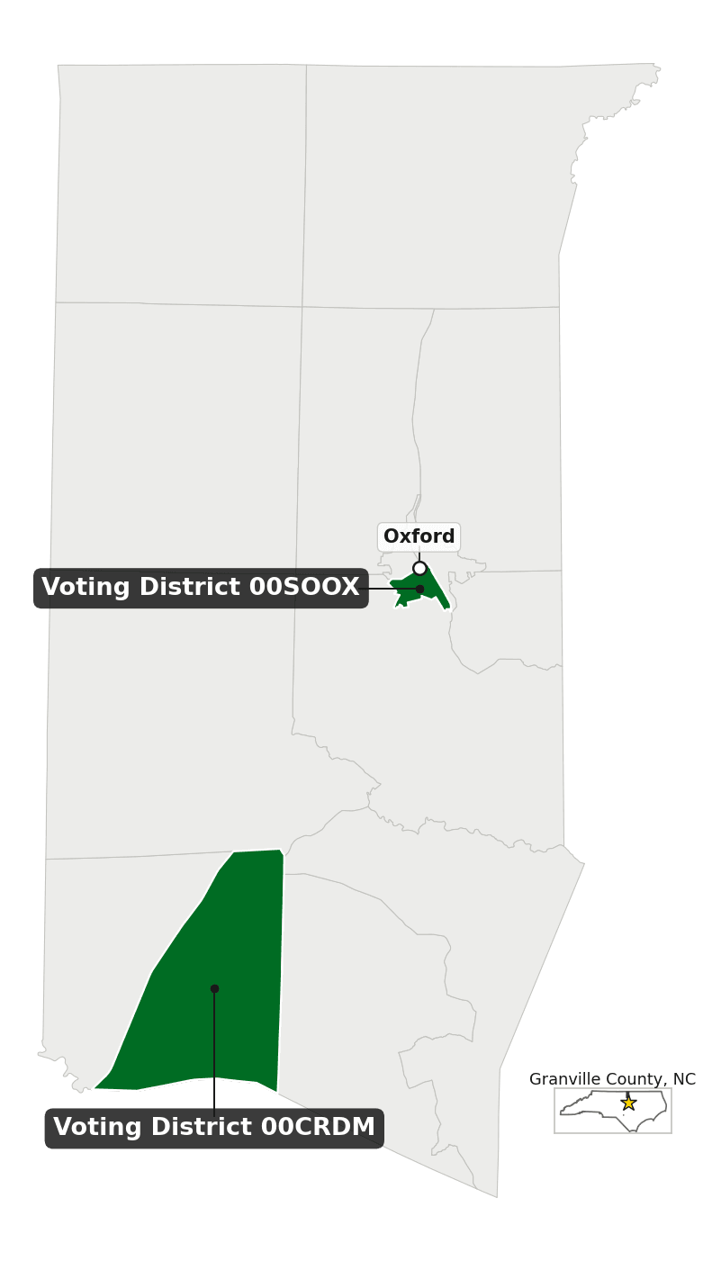 Map of Granville County, NC, with the precincts covered by transcribable submissions shaded.