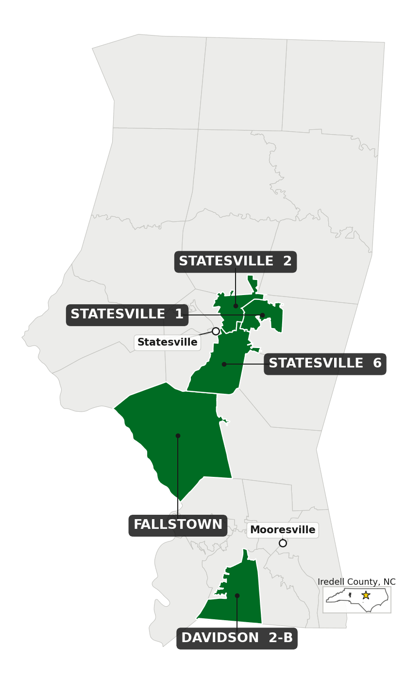 Map of Iredell County, NC, with the precincts covered by transcribable submissions shaded.