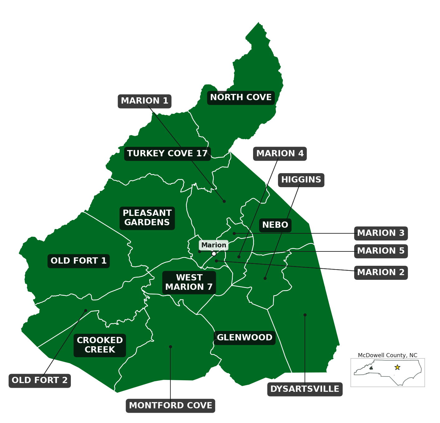 Map of McDowell County, NC, with the precincts covered by transcribable submissions shaded.