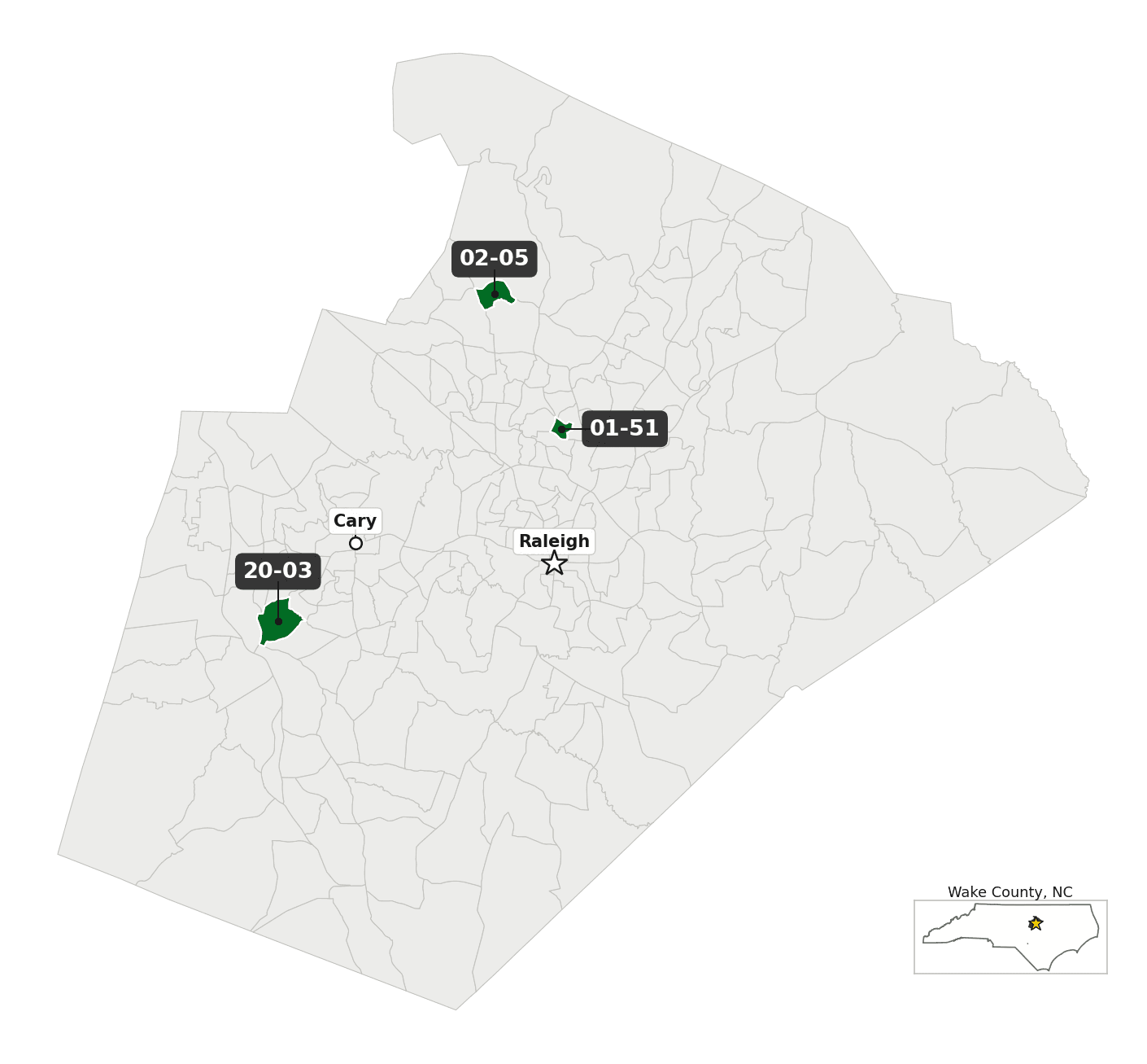 Map of Wake County, NC, with the precincts covered by transcribable submissions shaded.