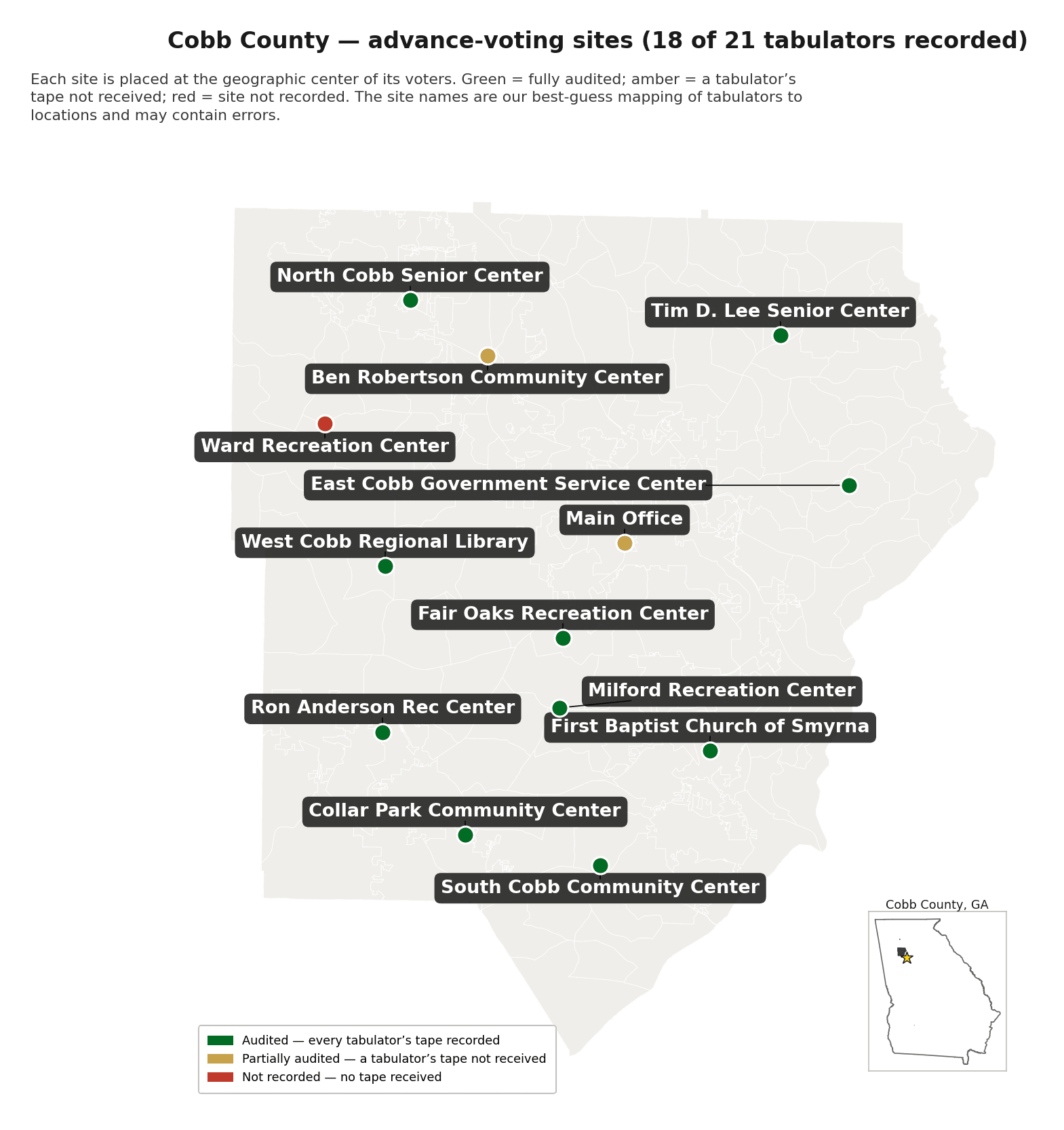 Map of Cobb County advance-voting sites, colored by whether each was audited.
