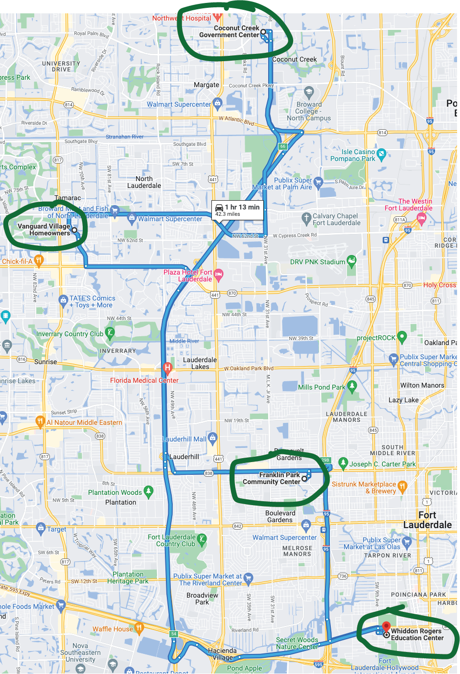 Google Maps route connecting the four Broward County polling places