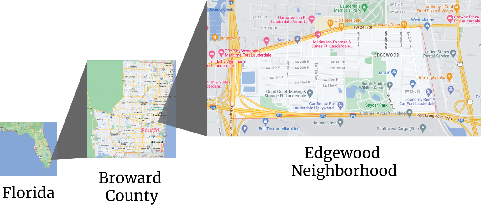 Nested map zooming from Florida to Broward County to the Edgewood neighborhood