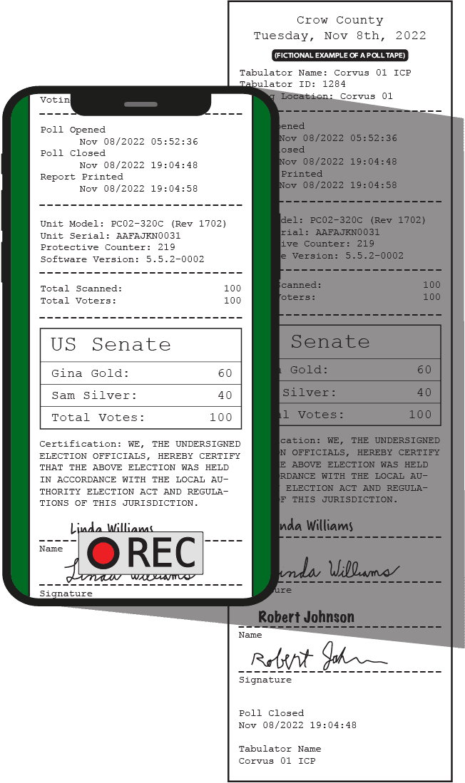 A volunteer video-records a poll tape with the Actual Vote app